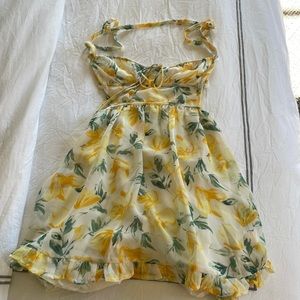 Sky to Moon minidress, size small, cream base, yellow flowers and green leaves.